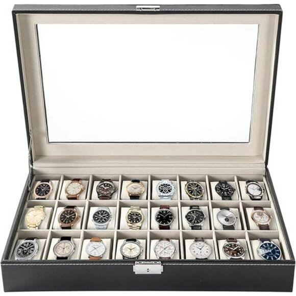 Watch Display Case 24 Slot Glass Top Organizer Faux Leather Jewelry Storage - Picture 7 of 7